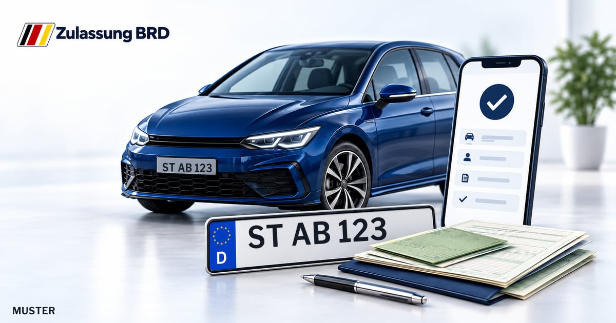 Online Fahrzeugzulassung in Landkreis Steinfurt: Musterkennzeichen ST AB 123, Auto und Fahrzeugpapiere und Smartphone. Illustration mit Logo von Zulassung BRD.